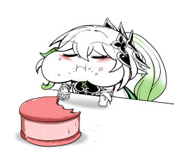 Rule 34 | 1girl, absurdres, black eyes, cake, closed eyes, commentary request, eating, food, food on face, genshin impact, green hair, highres, korean commentary, multicolored hair, nahida (genshin impact), short hair, side ponytail, simple background, solo, table, uncolorcube, upper body, white background, white hair