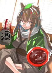 Rule 34 | 1girl, :d, alcohol, animal ears, breasts, brown eyes, brown hair, brown kimono, cleavage, futatsuiwa mamizou, glasses, gourd, green kimono, highres, holding, holding gourd, indian style, japanese clothes, kimono, large breasts, leaf, leaf on head, long hair, long sleeves, looking at viewer, nanakusa ayame, open mouth, raccoon ears, raccoon girl, raccoon tail, sake, scarf, sitting, smile, solo, tail, touhou, white scarf
