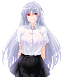 Rule 34 | 1girl, black skirt, blue hair, breasts, closed mouth, engo (aquawatery), highres, large breasts, long hair, looking at viewer, lyrical nanoha, mahou shoujo lyrical nanoha strikers, pleated skirt, red eyes, reinforce, shirt, simple background, skirt, smile, solo, white background, white shirt