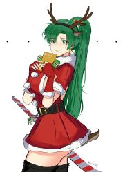 Rule 34 | 1girl, absurdres, alternate costume, christmas, dress, fire emblem, fire emblem: the blazing blade, fire emblem heroes, green eyes, green hair, hat, high ponytail, highres, long hair, looking at viewer, lyn (fire emblem), nintendo, ormille, ponytail, red dress, sack, santa costume, santa hat, simple background, solo, sword, weapon, white background