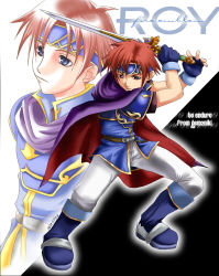Rule 34 | 1boy, armor, artist name, belt, binding blade (weapon), black background, blue eyes, blue footwear, blue gloves, blue tunic, boots, breastplate, cape, character name, copyright name, fingerless gloves, fire emblem, fire emblem: the binding blade, gem2niki, gloves, headband, holding, holding sword, holding weapon, male focus, multiple views, nintendo, pants, pauldrons, purple cape, red hair, roy (fire emblem), short sleeves, shoulder armor, standing, sword, tunic, two-tone background, upper body, weapon, white background, white pants