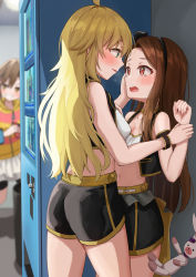 Rule 34 | 3girls, absurdres, against wall, ahoge, arm grab, ass, bike shorts, black hairband, blue eyes, blush, breasts, brown eyes, brown hair, cropped jacket, eye contact, frown, futami mami, groin, hairband, hand on another&#039;s face, highres, holding another&#039;s wrist, hood, hoodie, hoshii miki, idolmaster, idolmaster (classic), idolmaster million live!, iro (boo iro), long hair, looking at another, medium breasts, midriff, minase iori, multiple girls, navel, open mouth, restrained, skirt, small breasts, striped clothes, striped hoodie, stuffed animal, stuffed toy, thighs, v-shaped eyebrows, vending machine, white skirt, yuri