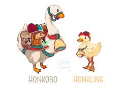 Rule 34 | animal, animal collar, anklet, artist name, bell, bird, chocobo, collar, commentary, duck, duckling, final fantasy, flask, goggles, goggles on head, goose, highres, jewelry, neck bell, no humans, original, round-bottom flask, saddle, saddlebags, simple background, sitaart, white background