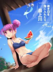 Rule 34 | 1girl, arm support, bare arms, bare legs, bare shoulders, barefoot, bikini, blue bikini, blue hair, blue sky, blush, braid, breasts, closed mouth, cloud, commentary request, crossed legs, dated, day, double bun, food, fruit, full body, hair bun, highres, holding, holding food, hololive, looking at viewer, medium breasts, minato aqua, multicolored hair, navel, outdoors, purple eyes, purple hair, sidelocks, sitting, sky, solo, streaked hair, swimsuit, translation request, virtual youtuber, watermelon, wind chime, xiaoyu