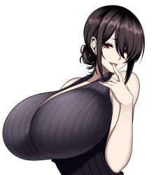 Rule 34 | 1girl, bare shoulders, black hair, breasts, earrings, highres, huge breasts, hz (666v), jewelry, licking, licking finger, looking at viewer, mole, mole under eye, original, pink eyes, ribbed sweater, short hair, sleeveless, sleeveless sweater, sweater, tongue, upper body, white background