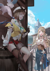 Rule 34 | atelier (series), atelier ryza, atelier ryza 2, bare shoulders, barrel, blazpu, blonde hair, blue sky, breasts, brown eyes, brown hair, cleavage, collarbone, fi (atelier), green eyes, highres, jewelry, key, key necklace, klaudia valentz, large breasts, long hair, necklace, open mouth, pantyhose, reisalin stout, short hair, short shorts, shorts, sky, smile, thigh strap, thighhighs, thighs
