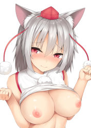 Rule 34 | 1girl, animal ear fluff, animal ears, bare arms, bare shoulders, blush, breasts, cleavage, closed mouth, clothes lift, hair between eyes, hands up, hat, inubashiri momiji, large breasts, looking at viewer, nipples, no bra, nose blush, pom pom (clothes), red eyes, red hat, shirt, shirt lift, short hair, silver hair, simple background, sleeveless, sleeveless shirt, solo, tatsumiya kagari, tokin hat, touhou, upper body, white background, white shirt, wolf ears, wolf girl