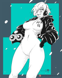 Rule 34 | 1girl, adjusting clothes, artist name, artist request, bodysuit, breasts, breath, covered navel, curvy, eyelashes, gloves, hair over one eye, hand on own hip, highres, large breasts, one piece, shiny clothes, short hair, simple background, smile, snowing, solo, spread legs, thick thighs, thighs, vegapunk lilith, wide hips