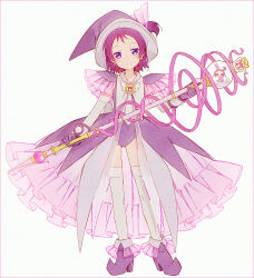 Rule 34 | 1girl, adapted costume, boots, brooch, closed mouth, commentary request, dress, earrings, fairy, frilled dress, frills, full body, gloves, hakusai (tiahszld), hat, holding, holding staff, jewelry, leotard, looking at viewer, magical girl, ojamajo doremi, one side up, pointy footwear, purple dress, purple eyes, purple footwear, purple gloves, purple hair, purple hat, purple leotard, roro (ojamajo doremi), segawa onpu, short hair, simple background, smile, solo, staff, standing, thighhighs, white background, witch hat