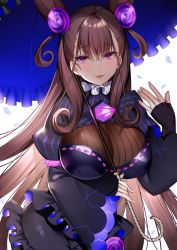 Rule 34 | 1girl, aozora nan, black dress, blue umbrella, blush, brown hair, commentary request, cone hair bun, dress, fate/grand order, fate (series), fingernails, frilled umbrella, frills, hair between eyes, hair bun, hair ornament, hand up, highres, holding, holding umbrella, juliet sleeves, long hair, long sleeves, looking at viewer, murasaki shikibu (fate), parted lips, petals, puffy sleeves, purple eyes, simple background, sleeves past wrists, smile, solo, striped clothes, striped dress, two side up, umbrella, vertical-striped clothes, vertical-striped dress, very long hair, white background, wide sleeves