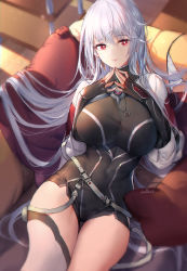 Rule 34 | 1girl, bare shoulders, blush, breasts, closers, couch, highres, large breasts, long hair, looking at viewer, mirae (closers), on couch, red eyes, smile, solo, swd3e2, thighhighs, thighs, very long hair, white hair, white thighhighs
