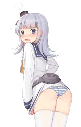 Rule 34 | 1girl, accidental exposure, alternate costume, ass, bad id, bad pixiv id, blue eyes, blue hair, blunt bangs, blush, cnm, cosplay, dress, flying sweatdrops, hatsukaze (kancolle), headgear, kantai collection, long hair, long sleeves, looking back, matching hair/eyes, open mouth, panties, sailor collar, sailor dress, school uniform, serafuku, simple background, solo, steam, striped clothes, striped panties, thighhighs, underwear, white background, white thighhighs, yukikaze (kancolle), yukikaze (kancolle) (cosplay)