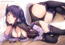 Rule 34 | 1girl, artist name, ass, black bra, black panties, black thighhighs, bra, breasts, bridal gauntlets, cleavage, clothes lift, clothes pull, female focus, genshin impact, hair ornament, highres, japanese clothes, kimono, kimoshi, large breasts, legs, long braid, long hair, looking at viewer, lying, mole, mole under eye, multiple views, neck ribbon, on side, panties, parted lips, purple eyes, purple hair, raiden shogun, red ribbon, ribbon, sweat, thighhighs, thighs, underwear