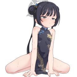 Rule 34 | 1girl, arm support, bad id, bad twitter id, black dress, black hair, blue archive, blush, braid, butterfly hair ornament, china dress, chinese clothes, closed mouth, dragon print, dress, female focus, grey eyes, hair ornament, halo, highres, kisaki (blue archive), ludo0109, simple background, solo, squatting, sweat, twin braids, twintails, white background