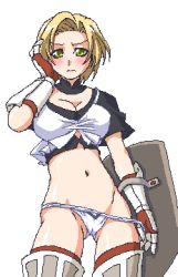 Rule 34 | 00s, 1girl, blonde hair, blush, breasts, cleavage, final fantasy, final fantasy xi, gloves, green eyes, hume, katy (artist), large breasts, lowres, midriff, oekaki, paladin, paladin (final fantasy), panties, panty pull, shield, short hair, solo, thighhighs, underwear