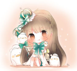 Rule 34 | 1girl, :3, :p, animal, bad id, bad pixiv id, bare legs, barefoot, bird, blush, bow, brown eyes, brown hair, chibi, closed mouth, cottontailtokki, crown, detached sleeves, dress, green bow, holding, holding staff, long hair, long sleeves, looking at viewer, love live!, love live! school idol festival, love live! school idol project, minami kotori, mini crown, puffy long sleeves, puffy sleeves, signature, sitting, solo, staff, striped, striped bow, tongue, tongue out, very long hair, white dress