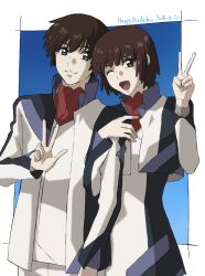 Rule 34 | 1boy, 1girl, ;d, arm hug, blush, brother and sister, brown eyes, brown hair, cropped jacket, dated, finger marks, happy birthday, highres, jacket, long sleeves, looking at viewer, nishio akira, nishio rina, one eye closed, open mouth, short hair, siblings, skirt, smile, soukyuu no fafner, twins, uc (8rk3), uniform, v, w