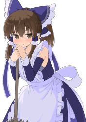 Rule 34 | 1girl, alternate color, alternate costume, apron, back bow, bare shoulders, blue bow, blue dress, blush, bow, brown eyes, brown hair, buttons, closed mouth, commentary request, detached sleeves, dress, frills, grey apron, grey bow, hair between eyes, hair ornament, hair tubes, hakurei reimu, hands up, highres, looking away, maid, player 2, ponytail, puuakachan, short ponytail, simple background, solo, standing, touhou, white background