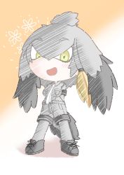 Rule 34 | 1girl, arms behind back, black hair, blonde hair, blouse, bodystocking, breast pocket, chibi, collared shirt, commentary request, full body, green eyes, grey hair, grey shirt, grey shorts, hair between eyes, highres, kemono friends, layered sleeves, legs apart, long hair, long sleeves, looking at viewer, multicolored hair, necktie, open mouth, orange hair, pocket, renge (renge1016), shirt, shoebill (kemono friends), shoes, short over long sleeves, short sleeves, shorts, side ponytail, smile, solo, standing, tail, white necktie, wing collar