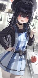 Rule 34 | 1girl, absurdres, apple, apron, beret, black hair, blue archive, blurry, blurry background, blush, breasts, clenched hand, collarbone, food, fruit, hair over eyes, hat, hidulume, highres, hime cut, justice task force member (blue archive), kitchen, knife, looking at viewer, open mouth, school uniform, small breasts, solo