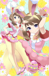 Rule 34 | 1girl, absurdres, animal ears, blush, brown hair, closed mouth, commentary, creatures (company), egg, eyelashes, fake animal ears, flower, game freak, grey eyes, hairband, hand on own hip, highres, legs together, long hair, looking at viewer, may (pokemon), may (spring 2021) (pokemon), multiple views, nintendo, official alternate costume, pantyhose, pink flower, pink footwear, pokemon, pokemon masters ex, rabbit ears, rabbit pose, raised eyebrows, shoes, short sleeves, smile, standing, tm (hanamakisan), white flower, wrist cuffs, yellow flower, yellow hairband, yellow pantyhose