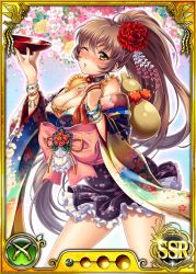 Rule 34 | 1girl, alcohol, bottle, breasts, brown hair, card (medium), carrying, choker, cleavage, dmm, drink, female focus, flower, hair flower, hair ornament, holding, japanese clothes, large breasts, legs, long hair, looking at viewer, nobunaga wa ore no yome. hime bushou 1000-ningiri, official art, one eye closed, ponytail, sake, simple background, solo, standing, thighs, trading card, wink