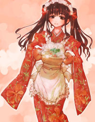 Rule 34 | 1girl, apron, bonnet, brown eyes, brown hair, copyright request, floral print, food, frilled apron, frills, japanese clothes, kimono, long hair, long sleeves, looking at viewer, maid, maid apron, maid headdress, momiji mao, oven mitts, pot, ribbon trim, sidelocks, smile, solo, steam, twintails, wa maid, wavy hair, white apron, wide sleeves