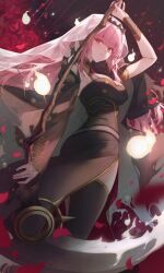 Rule 34 | 1girl, absurdres, arm up, black dress, black nails, dress, highres, holding, holding scythe, hololive, hololive english, ijac ray, long hair, looking at viewer, mori calliope, mori calliope (1st costume), petals, pink eyes, pink hair, red eyes, scythe, shoulder spikes, solo, spiked cape, spikes, tiara, veil, virtual youtuber