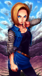 Rule 34 | 1girl, android 18, blonde hair, blue eyes, blue sky, breasts, brown theme, cleavage, clenched hands, cloud, collarbone, day, dragon ball, dragonball z, highres, looking back, making-of available, pantyhose, pencil skirt, ryu shou, short hair, skirt, sky, smoke, solo, striped, torn clothes, vest