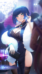 Rule 34 | 1girl, alternate costume, aqua eyes, bag, bead necklace, beads, black thighhighs, blue dress, blue hair, blurry, blurry background, bracelet, breasts, chandelier, china dress, chinese clothes, cleavage, cleavage cutout, clothing cutout, cup, depth of field, diagonal bangs, dice, dress, drinking glass, duplicate, earrings, feather boa, fukuro daizi, fur scarf, genshin impact, glint, green eyes, grin, groin, hair behind ear, handbag, highres, holding, holding bag, jewelry, lace, lace-trimmed legwear, lace trim, large breasts, light particles, mole, mole on breast, necklace, parted lips, pelvic curtain, people, pixel-perfect duplicate, scarf, side slit, smile, solo focus, thighhighs, tray, white scarf, wine glass, yelan (genshin impact)