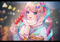 Rule 34 | 1girl, absurdres, blonde hair, blue bow, blue eyes, blue hair, blurry, blurry background, blush, bow, bowl, chouzetsusaikawa tenshi-chan, dot nose, food, hair bow, highres, holding, holding bowl, holding food, holographic clothing, iridescent, letterboxed, long hair, looking at viewer, multiple hair bows, needy girl overdose, nekoymio, open mouth, pink bow, pink hair, purple bow, quad tails, scarf, sidelocks, solo, tanghulu