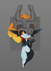 Rule 34 | 1girl, body markings, breasts, colored sclera, demon girl, grey background, helmet, huffslove, long ears, looking to the side, midna, navel, nintendo, no nipples, no pussy, one eye covered, orange hair, pointy ears, ponytail, red eyes, simple background, small breasts, smile, standing, the legend of zelda, the legend of zelda: twilight princess, thighs, wide hips, yellow sclera