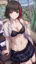 Rule 34 | 1girl, arm support, bad id, bad twitter id, bang dream!, black bra, black hair, black panties, blue skirt, blurry, board eraser, bra, breasts, chalkboard, classroom, cleavage, closed mouth, clothes pull, cloud, collarbone, collared shirt, commentary request, depth of field, desk, dutch angle, highres, indoors, legs together, looking at viewer, medium breasts, midriff, miniskirt, mitake ran, multicolored hair, multiple girls, narafume, on desk, open clothes, open shirt, open skirt, out of frame, panties, pleated skirt, purple eyes, raised eyebrows, school desk, see-through, self exposure, shirt, shirt pull, short hair, short sleeves, sitting, on desk, skirt, sky, smile, solo focus, stomach, streaked hair, tree, underwear, white shirt, window