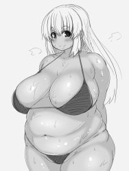 Rule 34 | 1girl, absurdres, arms behind back, bikini, blush, breasts, eyebrows, fat, female focus, highres, huge breasts, long hair, looking at viewer, monochrome, navel, original, plump, sanagimaru7974, simple background, smile, solo, standing, sweat, swimsuit, tensai427, thick eyebrows, white background