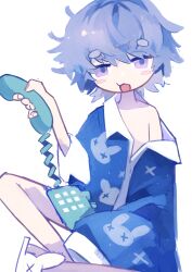 Rule 34 | 1girl, bare legs, blue shirt, grey hair, highres, holding, holding phone, looking at viewer, natsu-no-kamisama, off shoulder, open mouth, original, phone, purple hair, shirt, short hair, simple background, solo, white background