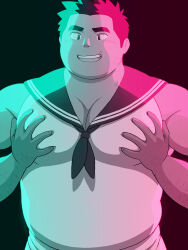 Rule 34 | 1boy, arm hair, bara, bare arms, belly, blue sailor collar, fat, fat man, grabbing, highres, large pectorals, male focus, muscular, muscular male, norijaga, original, pectoral cleavage, pectoral grab, pectoral squeeze, pectorals, sailor collar, sailor shirt, shirt, short hair, sideburns, smile, smirk, solo
