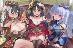 Rule 34 | 3girls, absurdres, armor, ayaka (genshin impact), azur lane, bare shoulders, benz, black hair, blue eyes, blue hair, breastplate, breasts, cleavage, commentary, commission, cosplay, costume switch, english commentary, fate/grand order, fate (series), genshin impact, hand on own cheek, hand on own face, highres, huge breasts, indoors, japanese armor, japanese clothes, katou danzou (fate), katou danzou (fate) (cosplay), kimono, large breasts, long hair, long sleeves, looking at viewer, mask, mask on head, mechanical arms, multiple girls, red eyes, red kimono, red ribbon, ribbon, sitting, taihou (azur lane), taihou (azur lane) (cosplay), very long hair, wide sleeves, yellow eyes