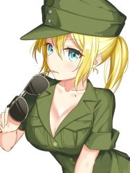 Rule 34 | 1girl, blonde hair, blue eyes, blush, breasts, cleavage, closed mouth, eyewear in mouth, green hat, habu., hat, highres, holding, holding removed eyewear, large breasts, looking at viewer, military, mole, mole on body, mouth hold, original, short hair, short ponytail, short sleeves, solo, sunglasses, unworn eyewear