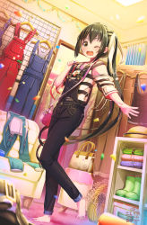 Rule 34 | 1girl, aiuabo, bag, barefoot, black hair, blush, brown hair, detached sleeves, feet, highres, indoors, long hair, looking at viewer, multicolored hair, multicolored nails, nail polish, one eye closed, open mouth, original, overalls, shirt, shoulder bag, side ponytail, sidelocks, signature, solo, standing, standing on one leg, striped clothes, striped shirt, toenail polish, toenails, toes, two-tone hair