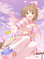 Rule 34 | 1girl, blush, breasts, broom, broom riding, brown eyes, brown hair, candy, cape, cleavage, cloud, commentary, dress, flower, food, gloves, hair ornament, hat, idolmaster, idolmaster cinderella girls, idolmaster cinderella girls starlight stage, medium breasts, mimura kanako, moai (aoh), pink cape, pink dress, pink hat, pom pom (clothes), purple sky, short hair, sky, smile, solo, white gloves