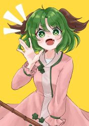 Rule 34 | 1girl, :d, animal ears, bamboo broom, blush, broom, dress, fang, green eyes, green hair, hand up, highres, himari ra, holding, holding broom, kasodani kyouko, long sleeves, looking at viewer, lower teeth only, open mouth, pink dress, short hair, simple background, smile, solo, teeth, tongue, touhou, v-shaped eyebrows, yellow background, ||/