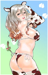 Rule 34 | 1girl, animal ears, animal print, ass, bikini, blue background, breasts, brown eyes, cow ears, cow print, cow tail, cowboy shot, fake animal ears, from behind, gradient background, grey hair, highres, igarashi mangou, kantai collection, large breasts, open mouth, pola (kancolle), round teeth, side-tie bikini bottom, smile, solo, standing, swimsuit, tail, teeth, thighhighs, upper teeth only, wavy hair, white bikini, white thighhighs