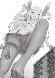 Rule 34 | 1girl, absurdres, blush, breasts, building, dress, feet, from below, giant, giantess, gloves, headgear, highres, hime cut, kantai collection, kou mashiro, limited palette, long hair, looking at viewer, medium breasts, murakumo (kancolle), murakumo kai ni (kancolle), open mouth, pantyhose, sailor dress, size difference, solo, thighs