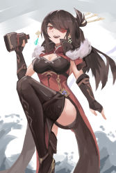 Rule 34 | 1girl, :d, alcohol, beidou (genshin impact), bottle, breasts, brown hair, capelet, chinese clothes, chinese commentary, cleavage, dress, drink, drinking, eyepatch, feet out of frame, genshin impact, gourd, hair ornament, hair over one eye, hairpin, highres, leg up, long hair, medium breasts, one eye covered, open mouth, orange eyes, pelvic curtain, red capelet, sleeveless, sleeveless dress, smile, solo, thighhighs, wine bottle, wrist guards, youlan