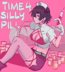 Rule 34 | 1girl, black hair, breasts, chainsaw man, cigarette, cleavage, cleavage cutout, clothing cutout, crop top, earrings, eyepatch, gloves, green eyes, highres, himeno (chainsaw man), holding, holding syringe, jewelry, large breasts, large syringe, liowig, looking at viewer, midriff, miniskirt, oversized object, pill bottle, pink theme, short hair, simple background, sitting, skirt, smoking, solo, syringe, thighhighs, white gloves