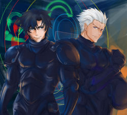 Rule 34 | 2boys, archer (fate), armor, black eyes, black hair, blue eyes, body armor, bodysuit, dark-skinned male, dark skin, drivesuit, emiya kiritsugu, facial hair, fate/stay night, fate (series), highres, hologram, holographic monitor, legendary pictures, male focus, multiple boys, pacific rim, pan pacific defense corps, parody, science fiction, stubble, white hair, xiushu1120