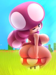Rule 34 | 1girl, ass, bikini top tan, braid, breasts, breasts out, cleft of venus, creature, curvy, grass, highres, large breasts, looking at viewer, looking back, mario (series), mushroom, mystical, nintendo, nipples, no bra, no panties, nude, one eye closed, outdoors, pink hair, pussy, sitting, solo, super mario bros. 1, super mario bros. 2, toadette, twin braids, uncensored, wink