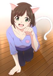 Rule 34 | 10s, 1girl, all fours, animal ears, breasts, brown hair, cat ears, cat tail, cleavage, egooo, fang, full body, green eyes, idolmaster, idolmaster cinderella girls, looking at viewer, maekawa miku, open mouth, smile, solo, tail