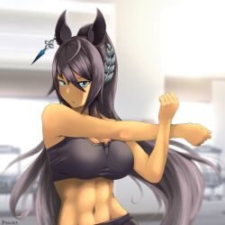 Rule 34 | 1girl, abs, animal ears, aqua eyes, arm up, blurry, blurry background, breasts, brown hair, character request, exercise machine, gym, hair between eyes, hand up, high ponytail, highres, horse ears, indoors, large breasts, light blush, long hair, looking at viewer, navel, outstretched arm, solo, sports bra, stomach, stretching, tan, tanio (tanio 0114), toned, umamusume, upper body, very long hair