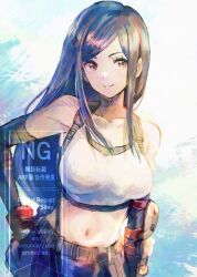 1girl bare_shoulders black_hair breasts crop_top elbow_gloves final_fantasy final_fantasy_vii gloves highres large_breasts long_hair looking_at_viewer midriff miyama_(lacrima01) navel red_eyes skirt smile solo suspenders tank_top tifa_lockhart watermark